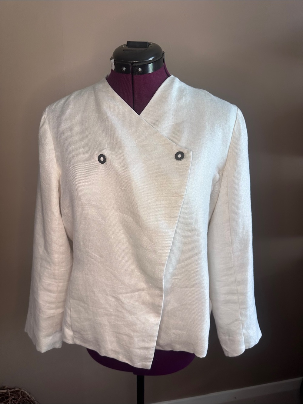Nic + Zoe Linen Blend Ivory White Asymmetric Wrap Front Snap-Close Blazer, Boho